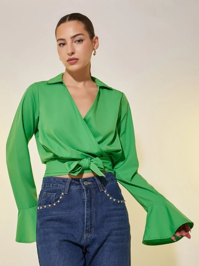 Take Two Solid Long Sleeve Cropped Wrap Top